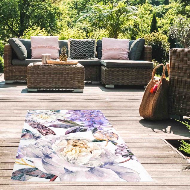 Balcony rugs Delicate Watercolour Boho Flowers And Feathers Pattern
