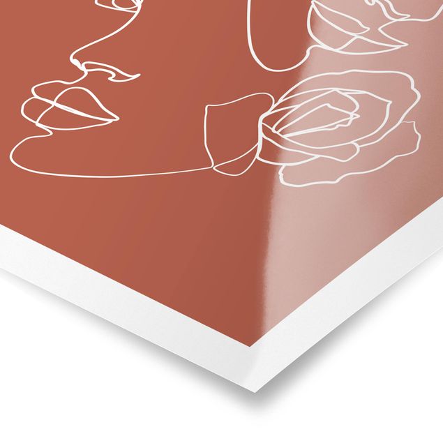 Red print Line Art Faces Women Roses Copper