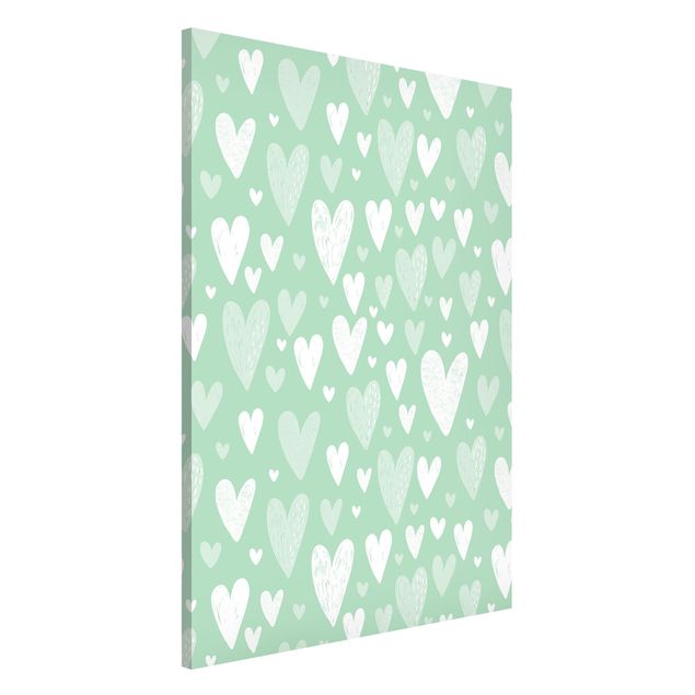 Nursery decoration Small And Big Drawn White Hearts On Green