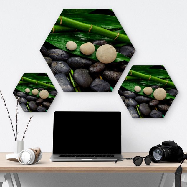 Prints on wood Green Bamboo With Zen Stones