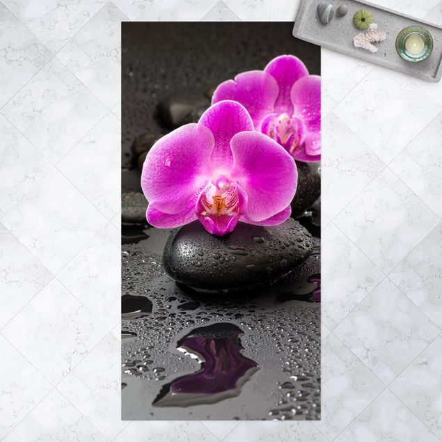 Outdoor rugs Pink Orchid Flower On Stones With Drops
