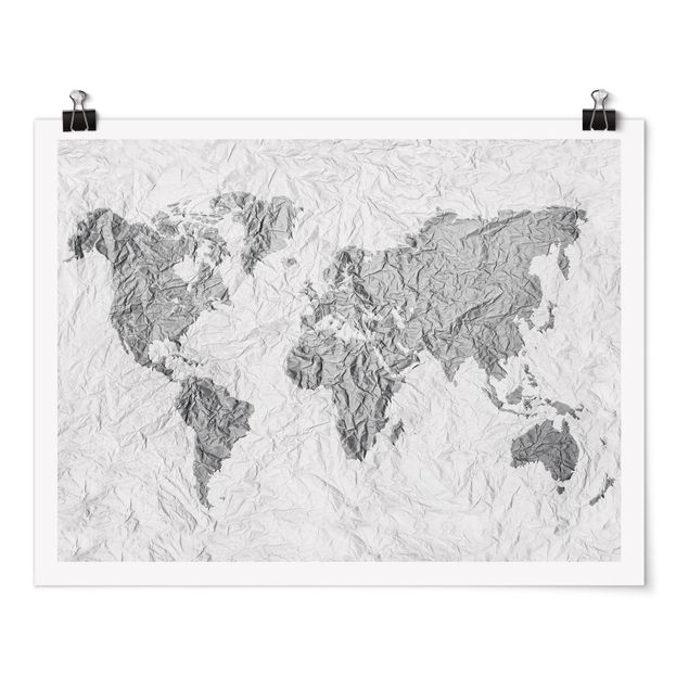 Black and white poster prints Paper World Map White Grey