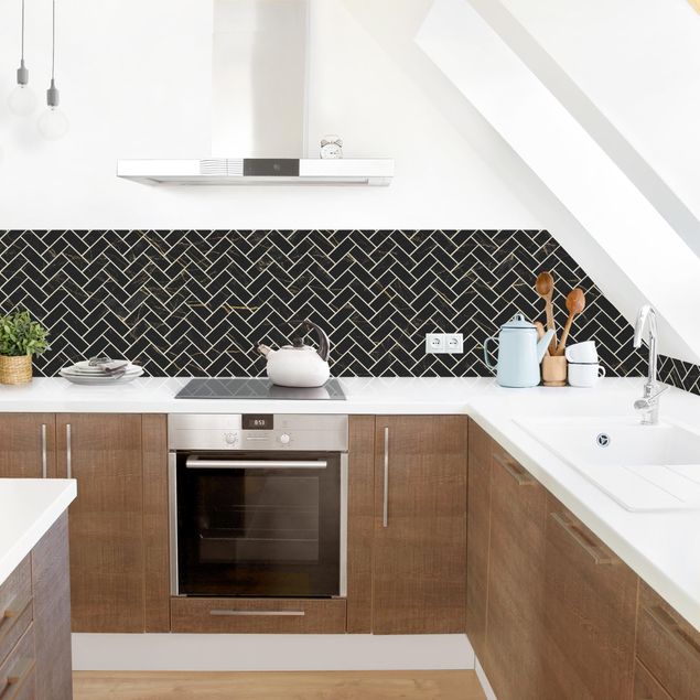 Kitchen splashback tiles Marble Fish Bone Tiles - Black And Golden