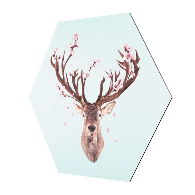 Turquoise canvas wall art Deer With Cherry Blossoms