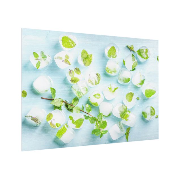 Glass splashback Ice Cubes With Mint Leaves