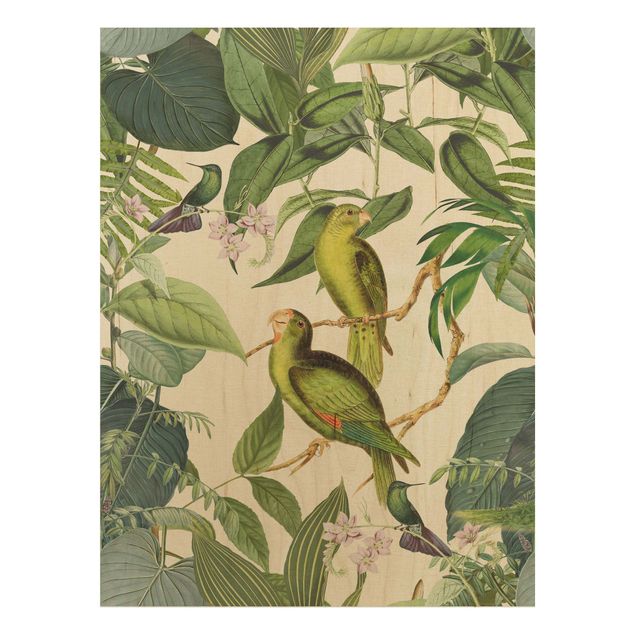 Wood prints flower Vintage Collage - Parrots In The Jungle