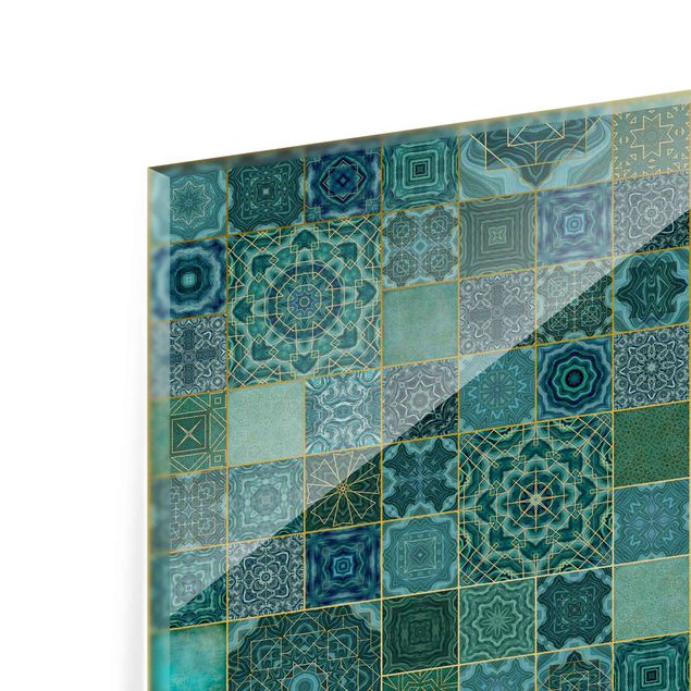 Glass splashback Art Deco Tiles Green Marble With Golden Shimmer