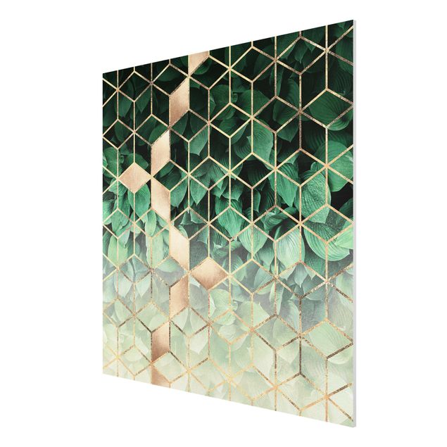 3D wall art Green Leaves Golden Geometry