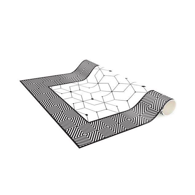 kitchen runner rugs Geometrical Tiles Dotted Lines Black And White With Border