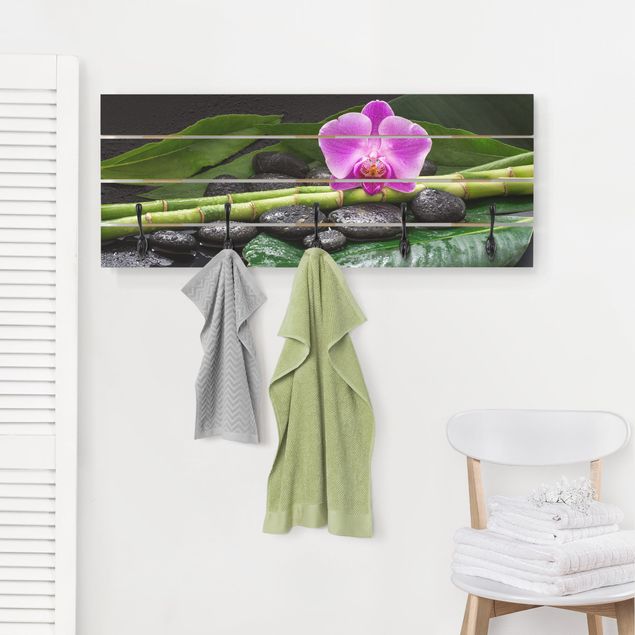 Wall mounted coat rack flower Green Bamboo With Orchid Flower