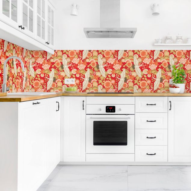 Kitchen splashback patterns Cranes And Chrysanthemums Red