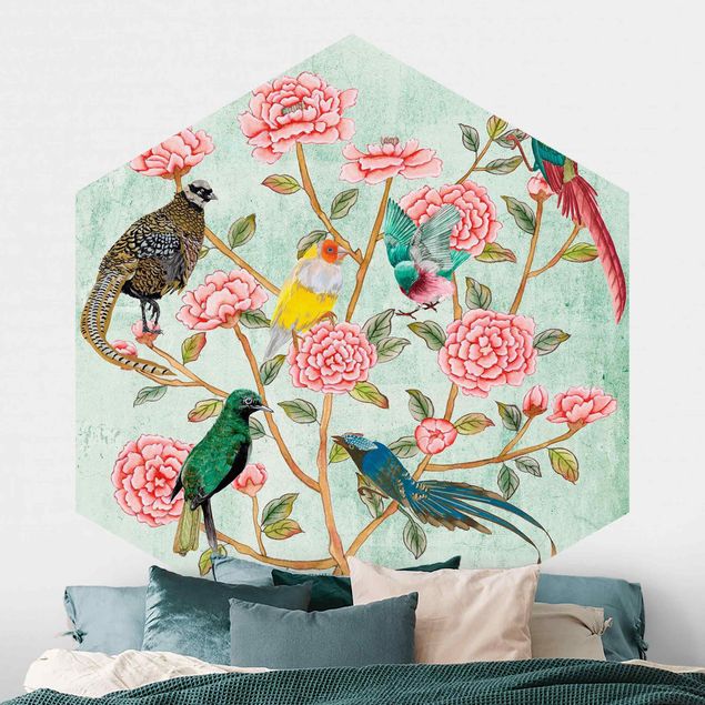 Red rose wallpaper Chinoiserie Collage In Mint II