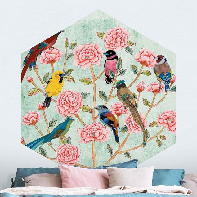 Wallpapers rose Chinoiserie Collage In Mint