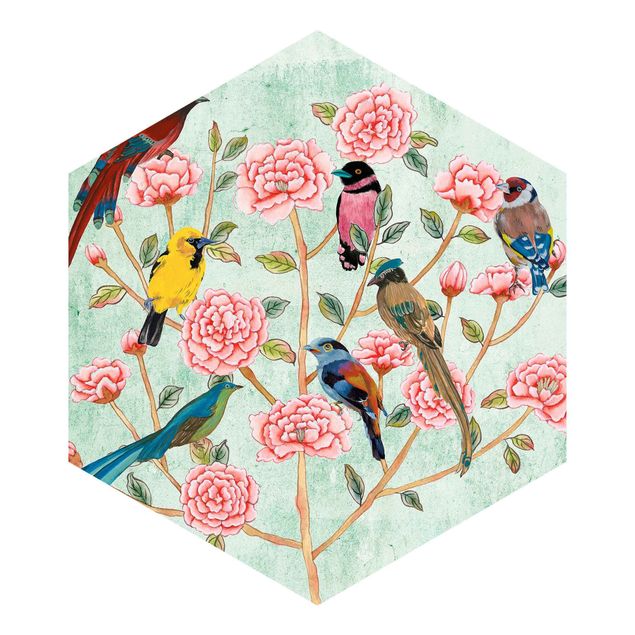 Retro wallpaper Chinoiserie Collage In Mint