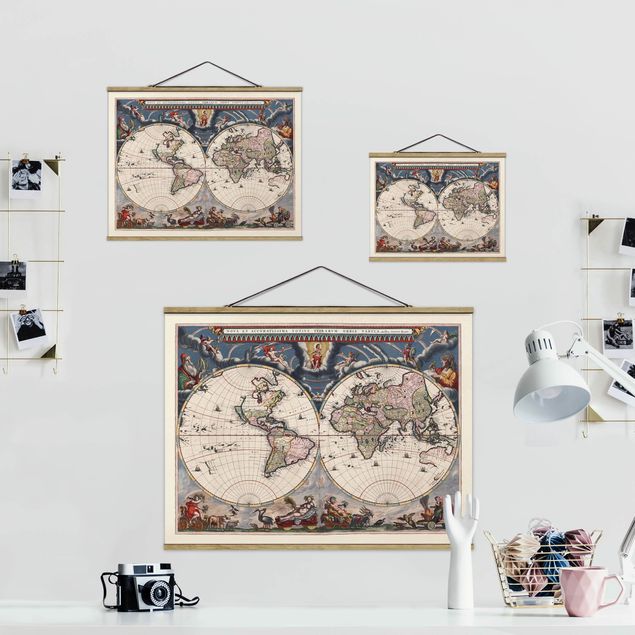Fabric print with posters hangers Historic World Map Nova Et Accuratissima Of 1664