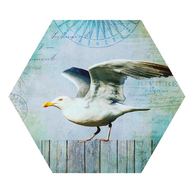 Navy blue wall art Vintage Collage - Seagull On Wooden Planks
