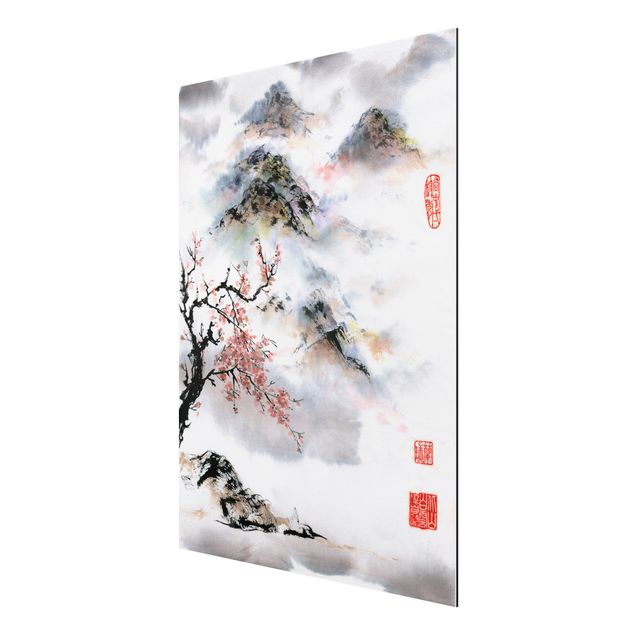 Mountain wall art Japanese Watercolour Drawing Cherry Tree And Mountains
