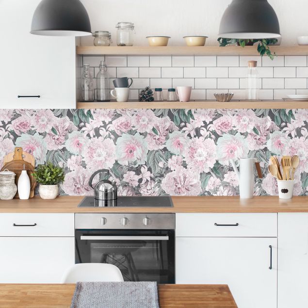 Kitchen splashback patterns Nostalgic Peonies In Pastel Pink