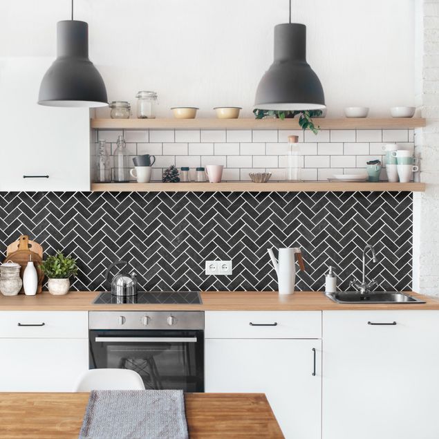 Kitchen splashback tiles Marble Fish Bone Tiles - Black Light-Coloured  Joints