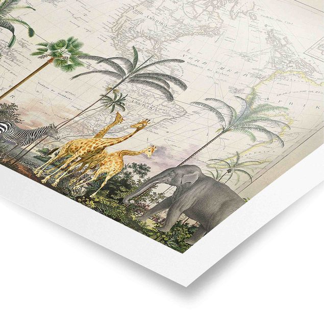 Prints multicoloured Vintage Collage - Wildlife On World Map