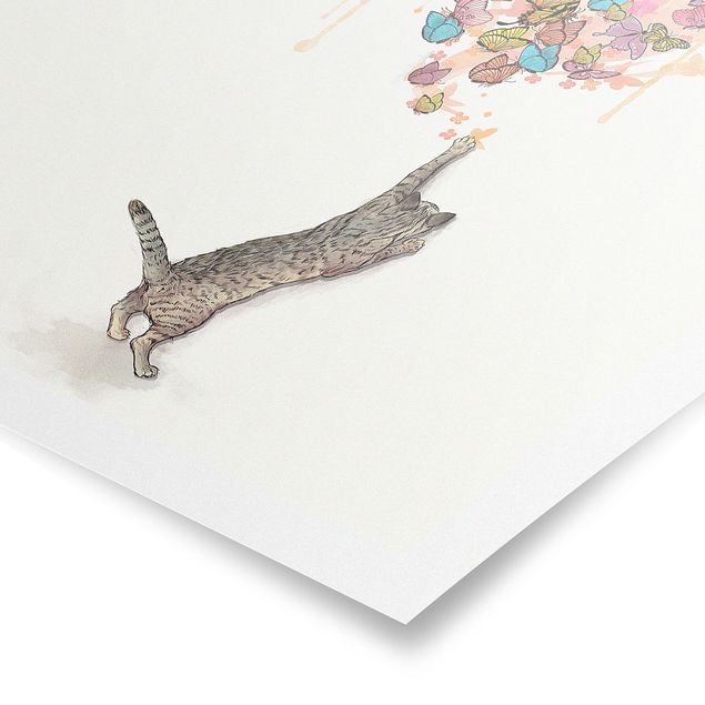 Art posters Illustration Cat With Colourful Butterflies Painting