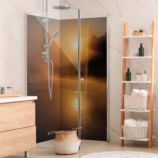 Shower wall panels Sunrise Over A Lake With Deer In Fog
