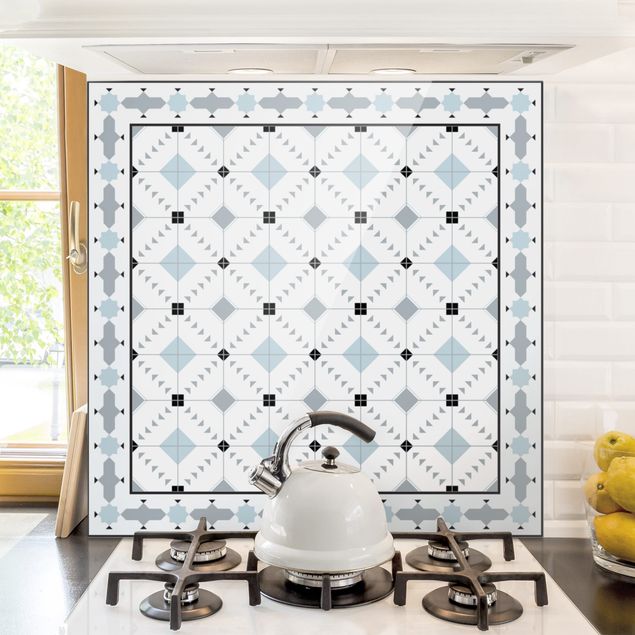Kitchen Geometrical Tiles Ikat Blue With Border