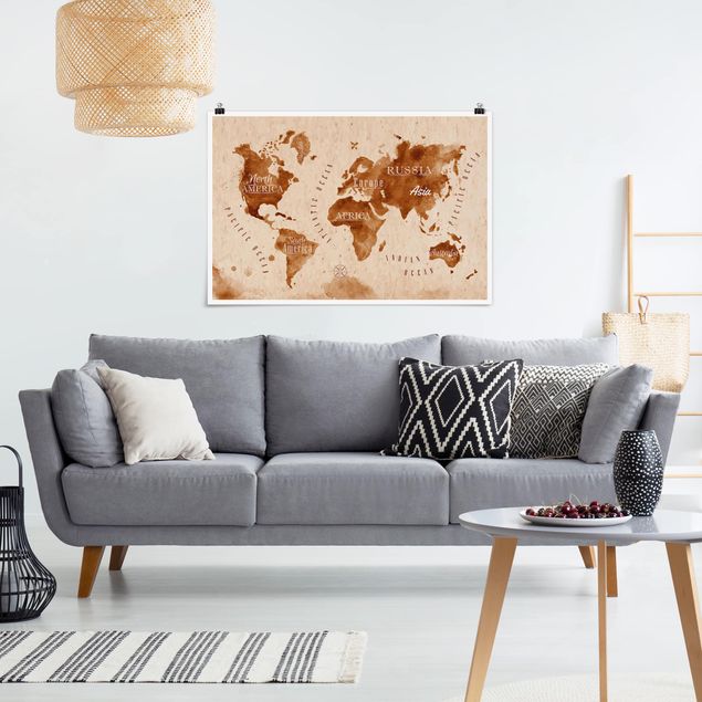 Posters maps World Map Watercolour Beige Brown