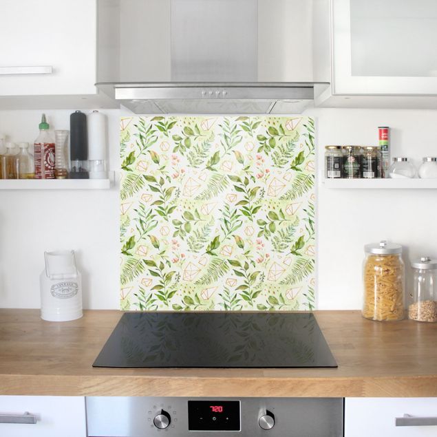 Glass splashback patterns Watercolour Leaves With Golden Crystals