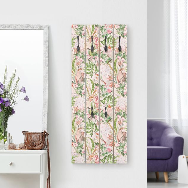 Wall mounted coat rack flower Pink Cockatoos With Flowers