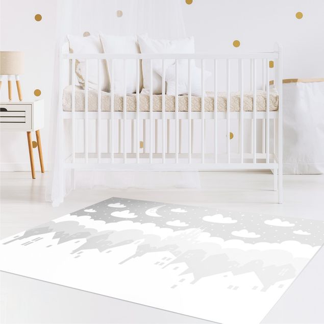 Nursery decoration Starry Sky With Houses And Moon In Grey