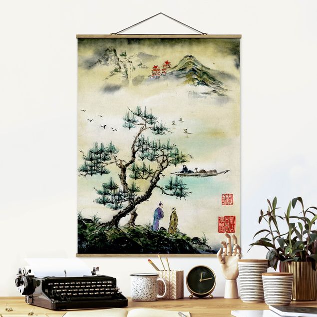 Kitchen Japanese Watercolour Drawing Pine And Mountain Village