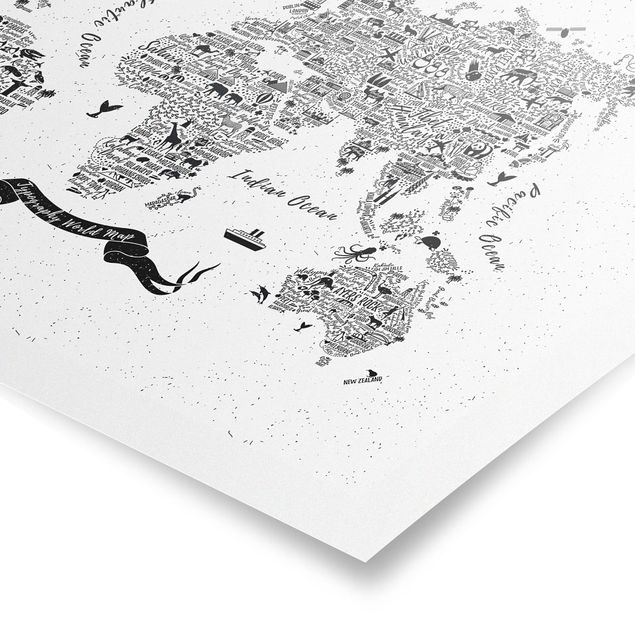 Prints black and white Typography World Map White