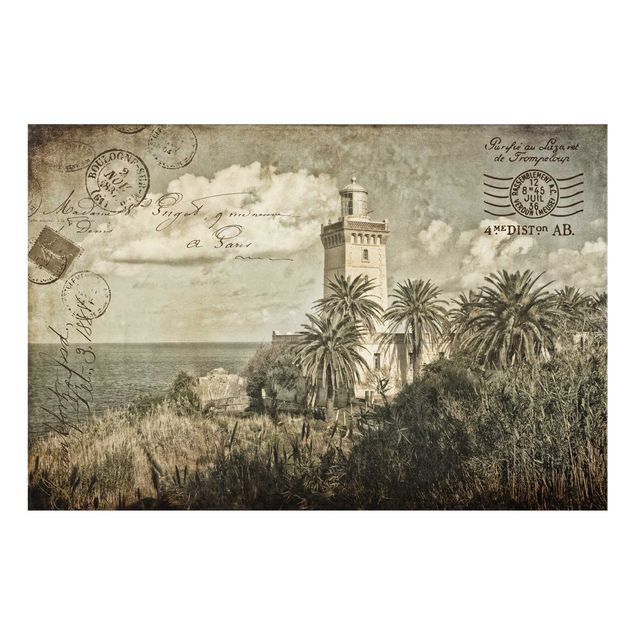 Glass splashback beach Vintage Postcard With Lighthouse And Palm Trees