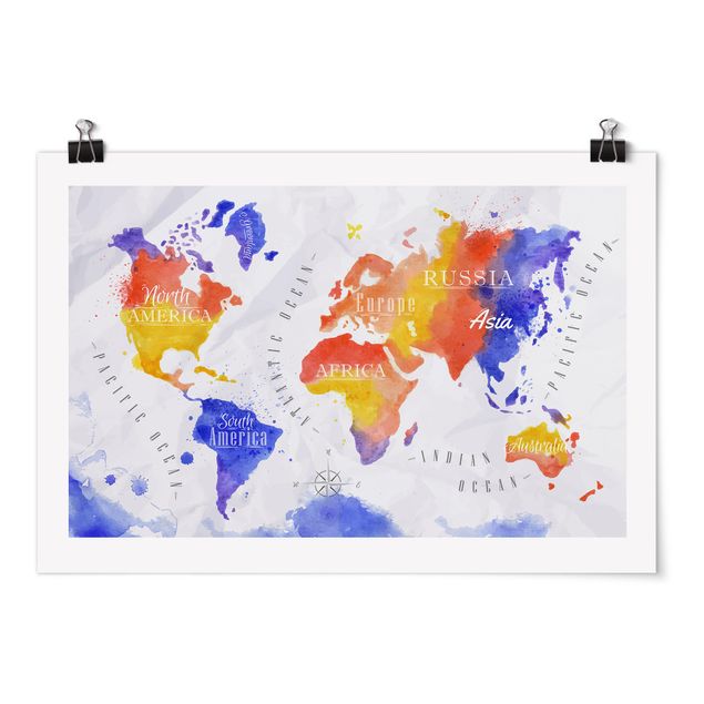 Prints modern World Map Watercolour Purple Red Yellow