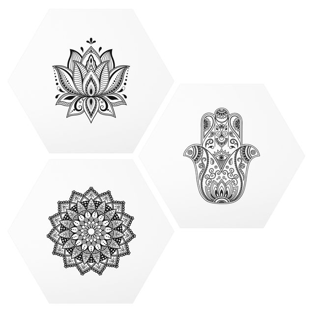 Prints patterns Mandala Hamsa Hand Lotus Set On White