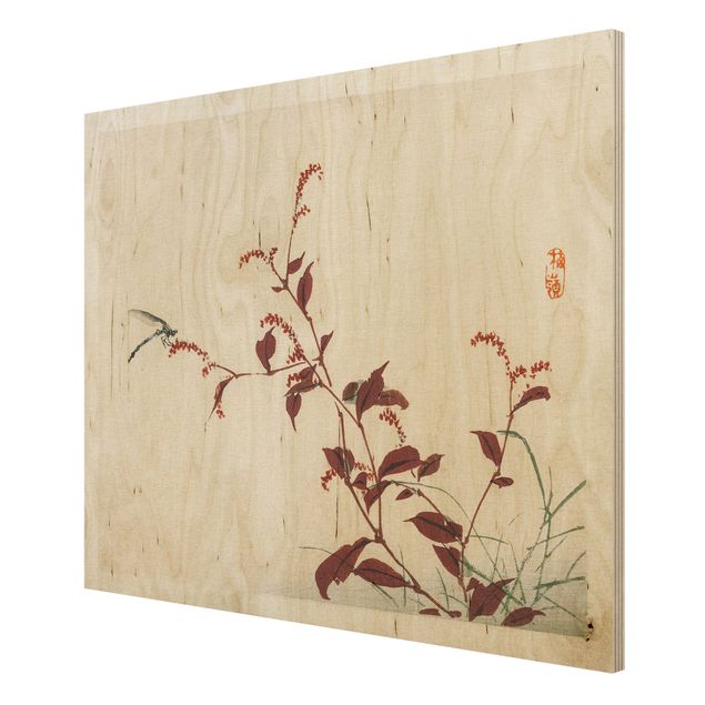 Vintage wood prints Asian Vintage Drawing Red Branch With Dragonfly