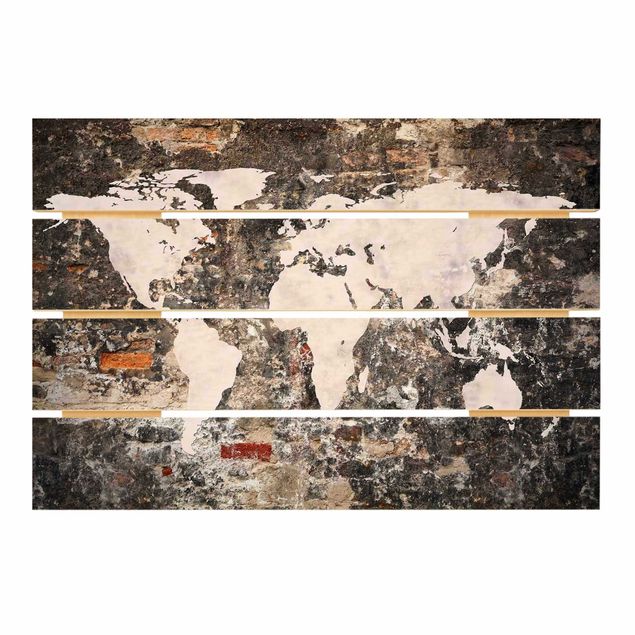 Wood prints Old Wall World Map