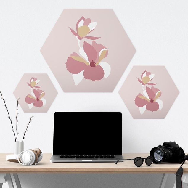 Hexagonal prints Line Art Flowers Pastel Pink