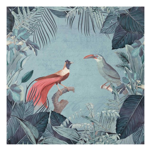 Glass splashback kitchen animals Blue Gray Paradise With Tropical Birds