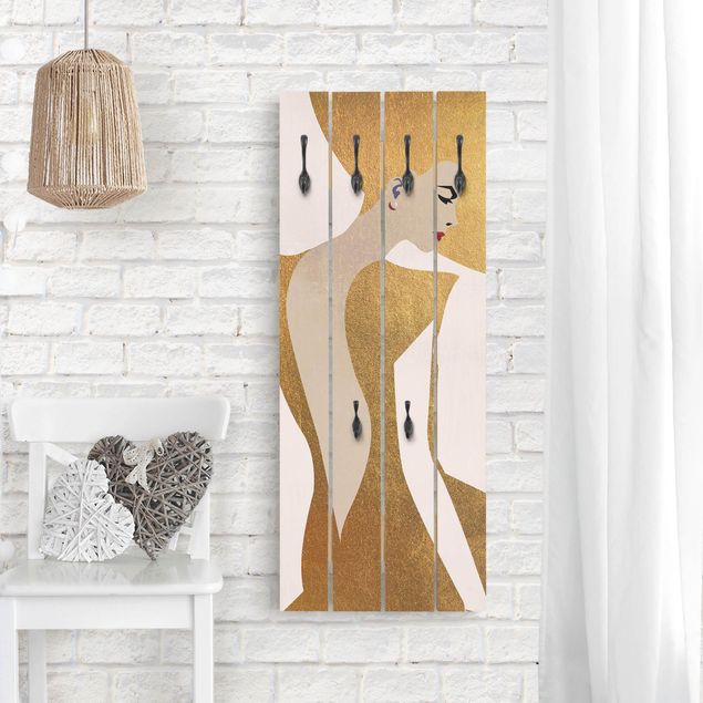 Wooden wall mounted coat rack Lady With Hat Golden