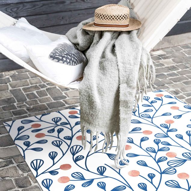 outdoor balcony rug Blue Plant Pattern With Dots In LIght Pink