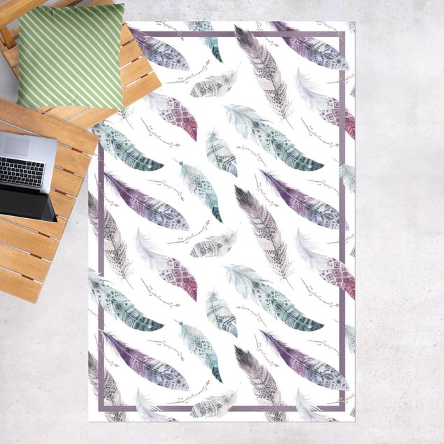 outdoor mat Boho Watercolour Feathers In Aubergine And Petrol Colour With Frame
