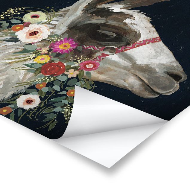 Prints black Lama With Floral Decoration I