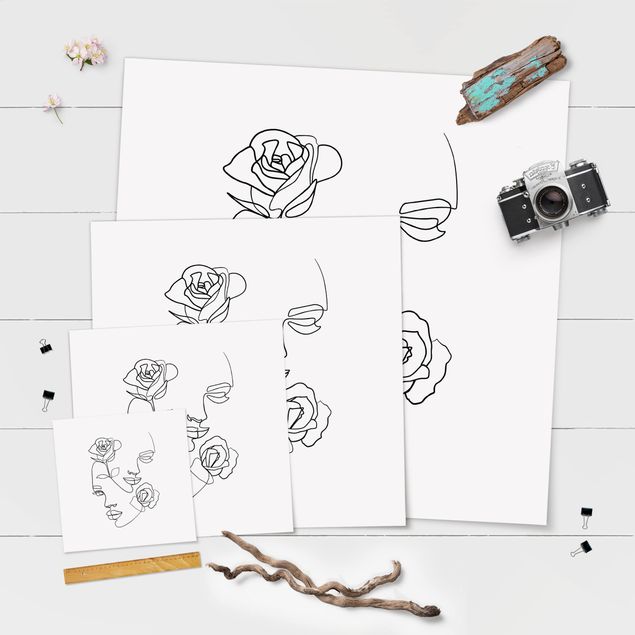 Prints Line Art Faces Women Roses Black And White