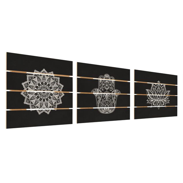 Print on wood - Mandala Hamsa Hand Lotus Set On Black