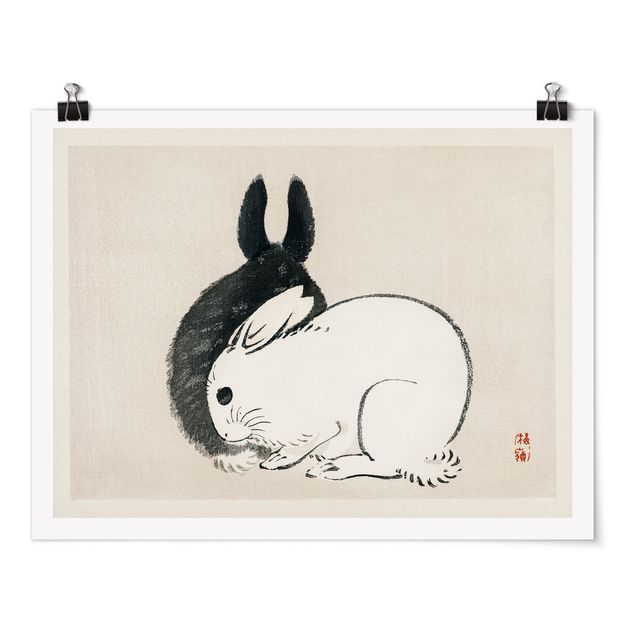 Retro prints Asian Vintage Drawing Two Bunnies