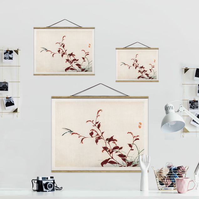Prints Asian Vintage Drawing Red Branch With Dragonfly