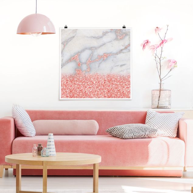 Art prints Marble Look With Pink Confetti