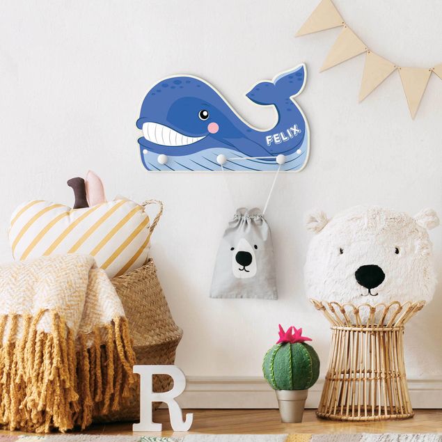 Wall mounted coat rack animals Chubby Whale With Customised Name